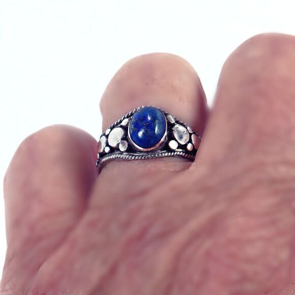 Sterling Silver Ring Women Sz 6 w/ Oval Blue Moonstone, Textured Band - Picture 2 of 9